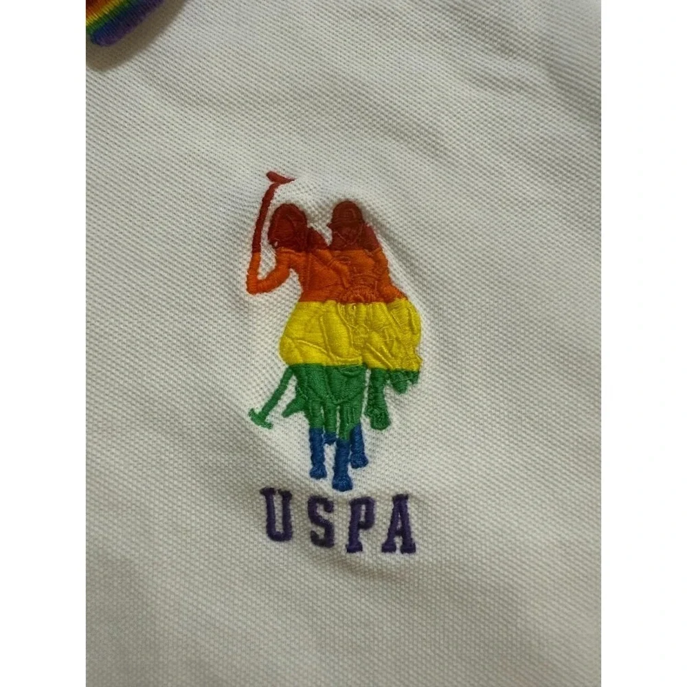 U.S. Polo ASSN. Polo Rainbow Pride Logo Shirt Adult L White Short Sleeve Button.